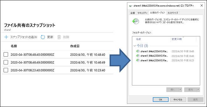 3 つのスナップショットを含むファイル共有スナップショットのスクリーンショット。Azure ファイル共有の [以前のバージョン] タブには、同じ 3 つのスナップショットが表示されます。