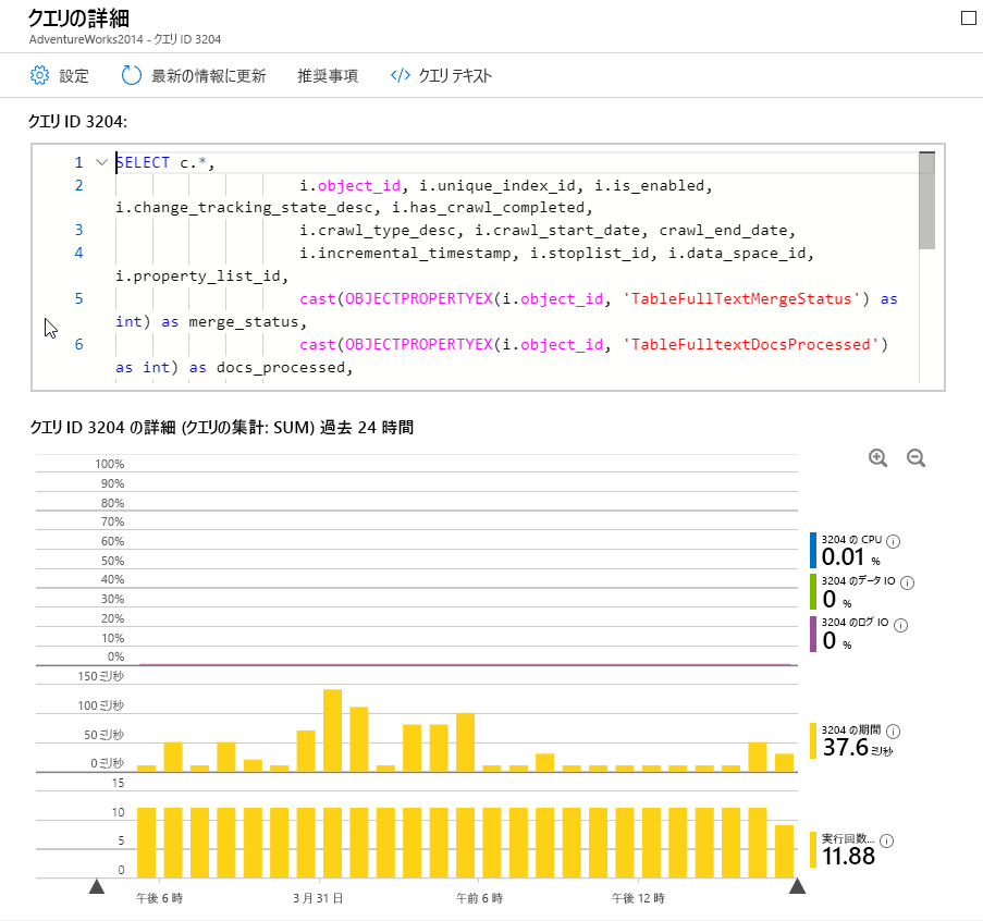 Query Performance Insight のクエリ ID 3204 の詳細のスクリーンショット。