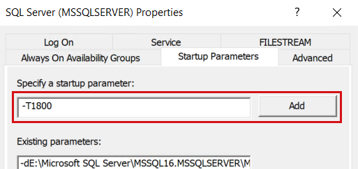 SQL Server のプロパティでスタートアップ パラメーターとしてトレース フラグを追加するスクリーンショット。