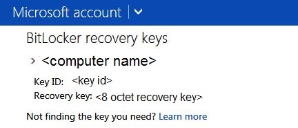 BitLocker 回復キーが表示されているページのスクリーンショット。