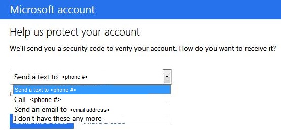 [Microsoft アカウントの確認] ページの [電話にテキストを送信する] オプションのスクリーンショット。
