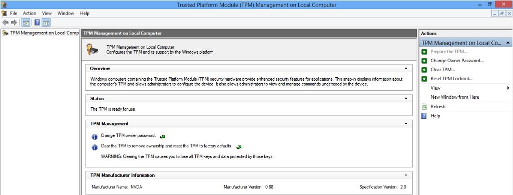 [ローカル コンピューターでのトラステッド プラットフォーム モジュール (TPM) の管理] ウィンドウのスクリーンショット。