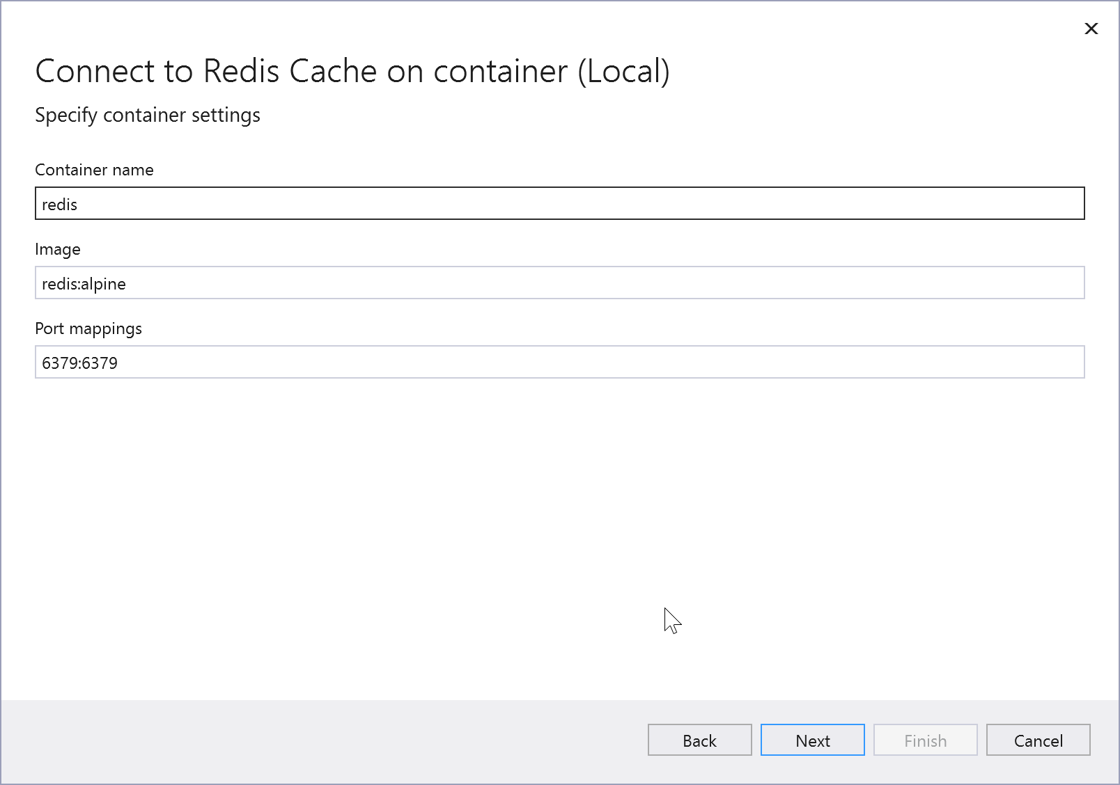 ローカル コンテナー内の Azure Cache for Redis の接続オプションを示すスクリーンショット。