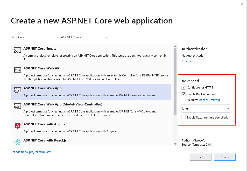 Visual Studio 2019 で新しい ASP.NET Core Web アプリ プロジェクトを作成する方法を示すスクリーンショット。