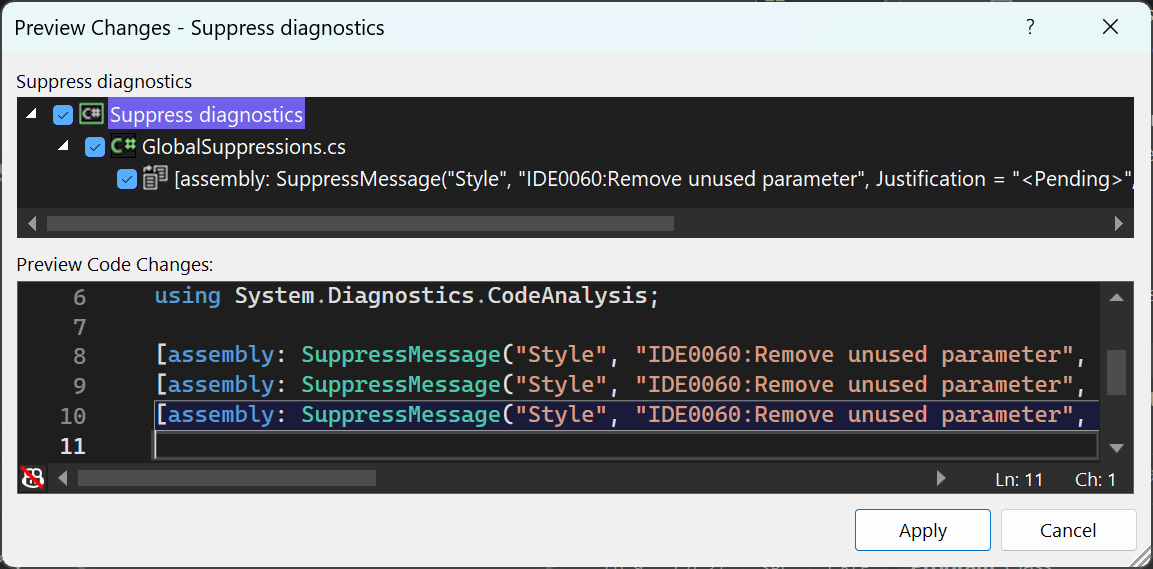 抑制ファイルの SuppressMessageAttribute 属性を含む [変更のプレビュー] ダイアログ ボックスを示すスクリーンショット。