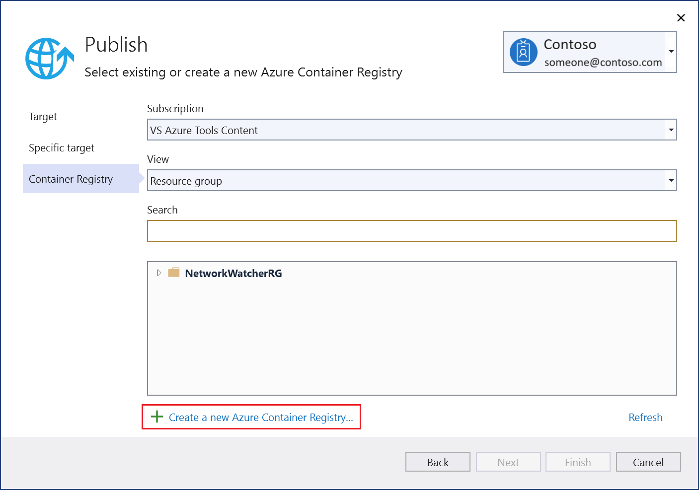 [新しい Azure Container Registry の作成] を選択する方法を示す [発行] ダイアログのスクリーンショット。