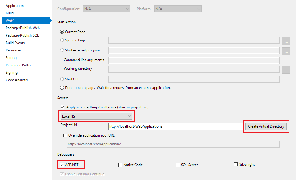 ASP.NET デバッガーの設定を示すスクリーンショットです。