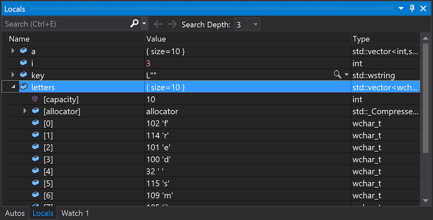Visual Studio の [ローカル] ウィンドウで変数と値を検査する方法を示すスクリーンショット。