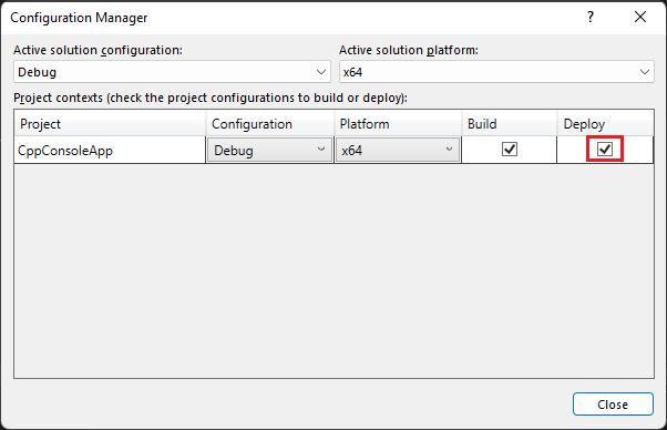 Visual Studio ソリューション エクスプローラーの Configuration Manager のスクリーンショット。[デバッグ構成] が選択され、[配置] がオンになります。
