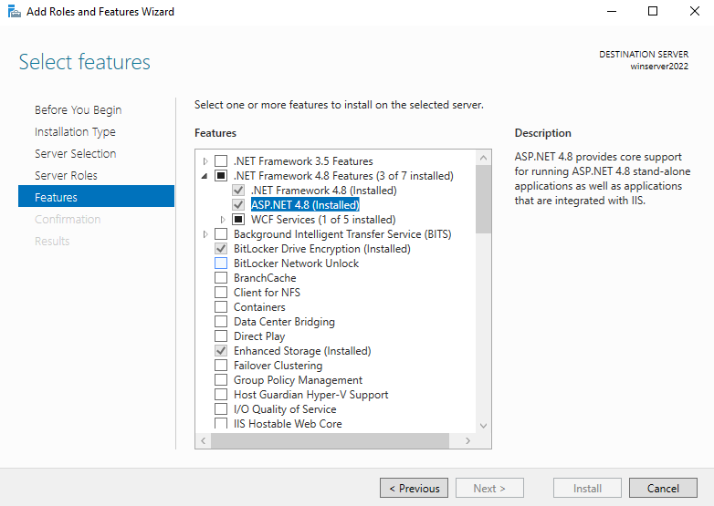 IIS の役割と機能の追加: ASP.NET 4.8 が選択されているスクリーンショット。