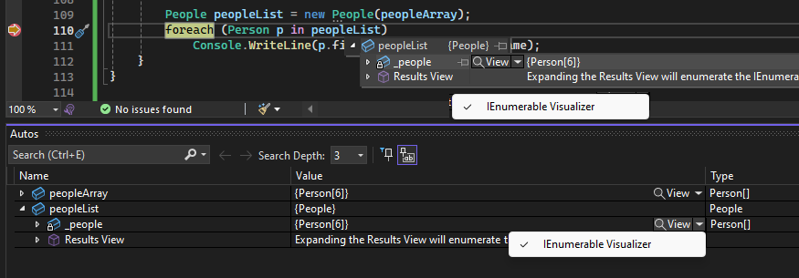 IEnumerable ビジュアライザーを開くのスクリーンショット。