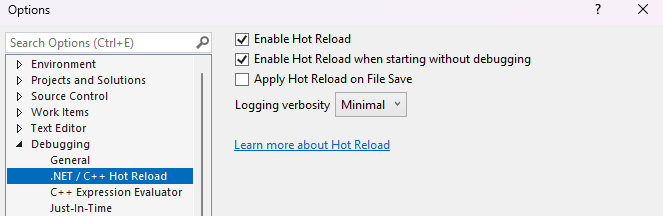 .NET ホット リロードの設定のスクリーンショット。