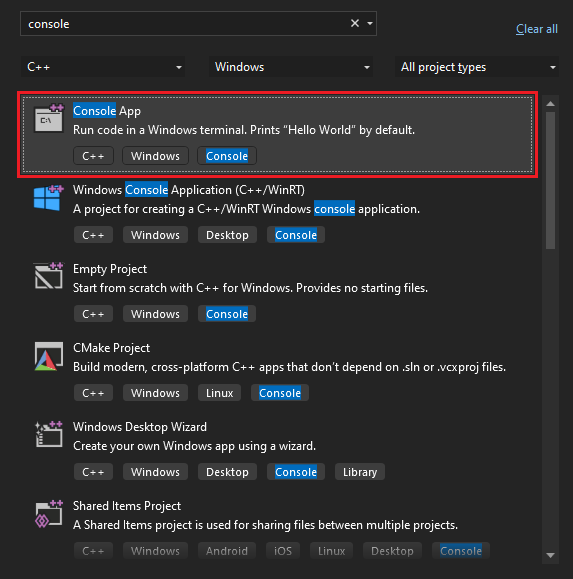 Visual Studio 2022 のスタート ウィンドウでコンソール アプリ テンプレートを検索して選択する方法を示すスクリーンショット。