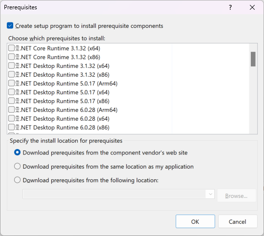 Visual Studio の [前提条件] ダイアログ ボックスのスクリーンショット。