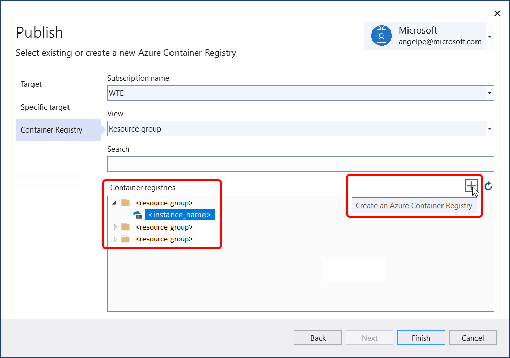 Azure Container Registry に発行するオプションを示すスクリーンショット。
