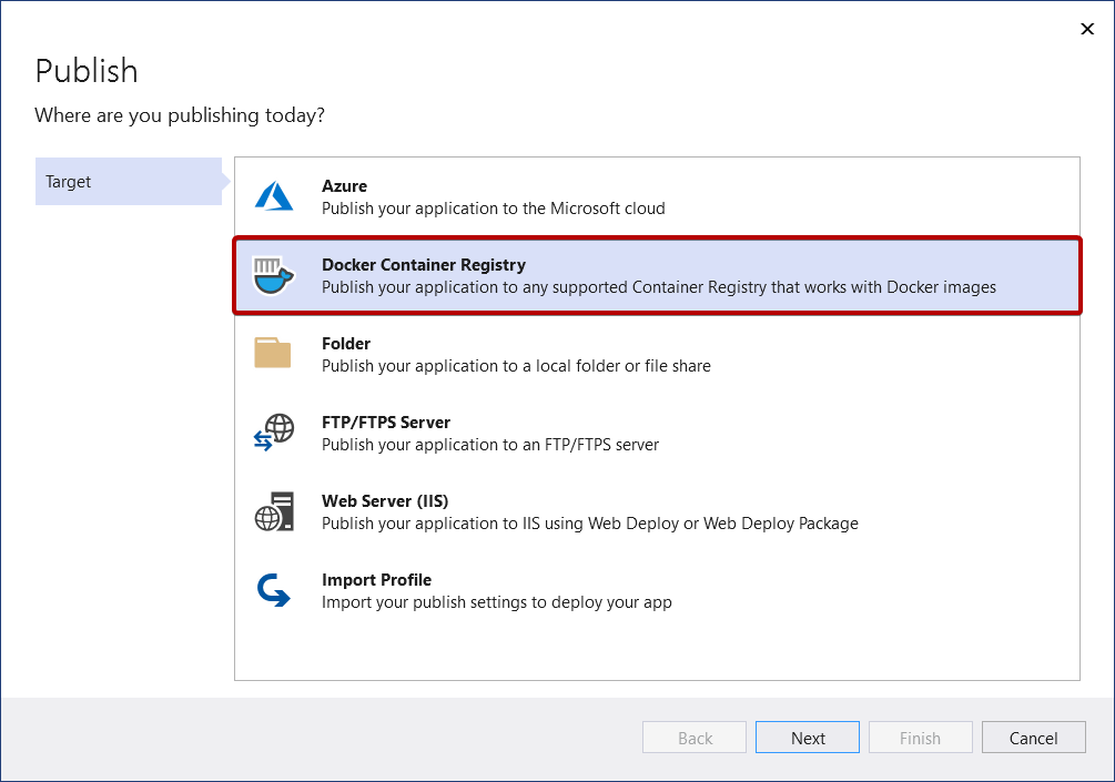 Docker Container Registry への発行が強調表示されている [発行] ウィザードを示すスクリーンショット。