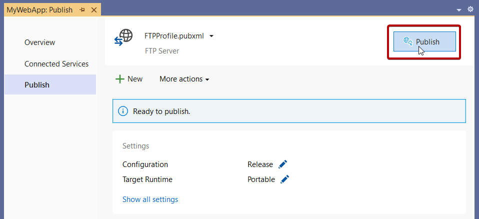 FTP または ftps サーバーに発行するプロセスの完了を示すスクリーンショット。概要ページ。