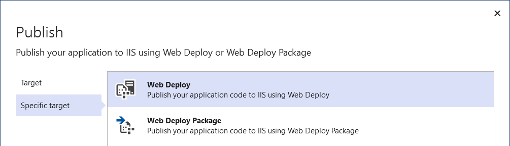 IIS に発行するオプションを示すスクリーンショット。展開モードの選択が示されています。
