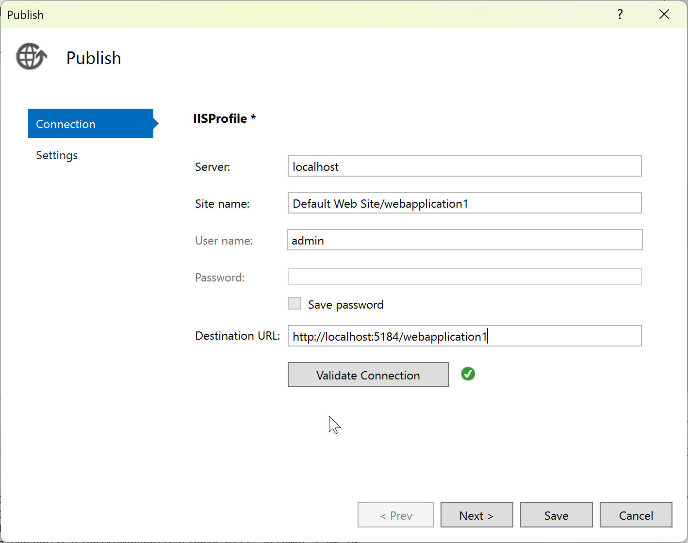 Web 配置オプションを使用して IIS に発行する発行ウィザード画面を示すスクリーンショット。