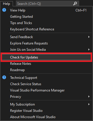 Visual Studio の [ヘルプ] メニューの [更新プログラムの確認] メニューのスクリーンショット。