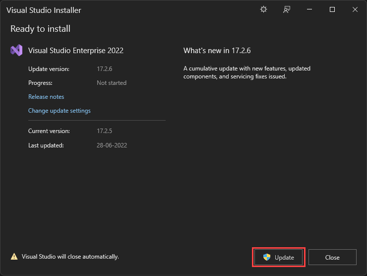 更新プログラムを含む Visual Studio インストーラーのスクリーンショット。
