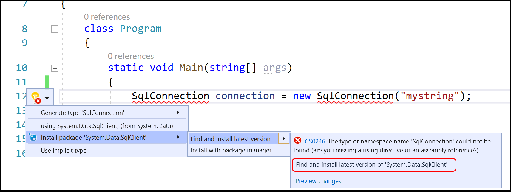 NuGet パッケージをインストールする電球のスクリーンショット。