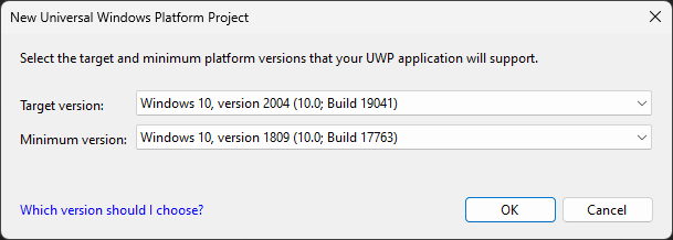 既定のターゲット バージョンと最小バージョンの設定を示す [新しいユニバーサル Windows プラットフォーム プロジェクト] ダイアログ ボックスのスクリーンショット。