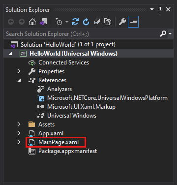 MainPage.xaml ファイルが選択されている HelloWorld プロジェクトのプロパティ、参照、アセット、ファイルを示すソリューション エクスプローラー ウィンドウのスクリーンショット。