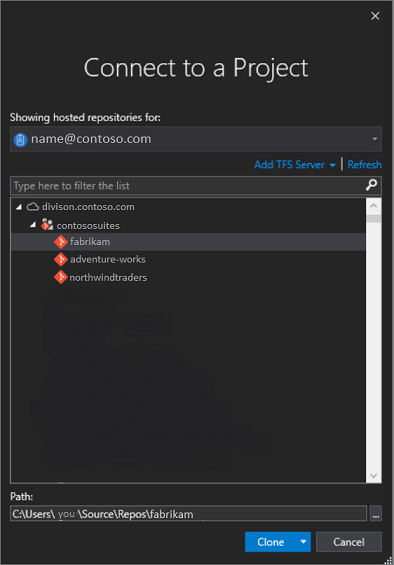Visual Studio 2019 バージョン 16.7 以前の [プロジェクトに接続] ダイアログのスクリーンショット。