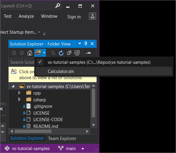 Visual Studio 2019 バージョン 16.7 以前のソリューション エクスプローラー ドロップダウン リストのスクリーンショット。
