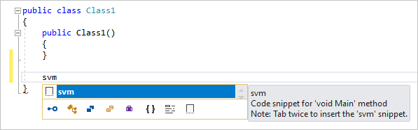 Visual Studio のコード スニペットの IntelliSense ポップアップのスクリーンショット。