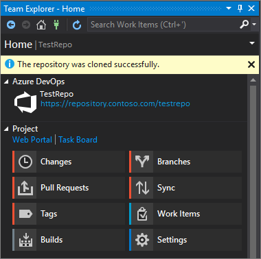 複製が完了した後の Visual Studio 2019 バージョン 16.7 以前の [チーム エクスプローラー] ウィンドウのスクリーンショット。