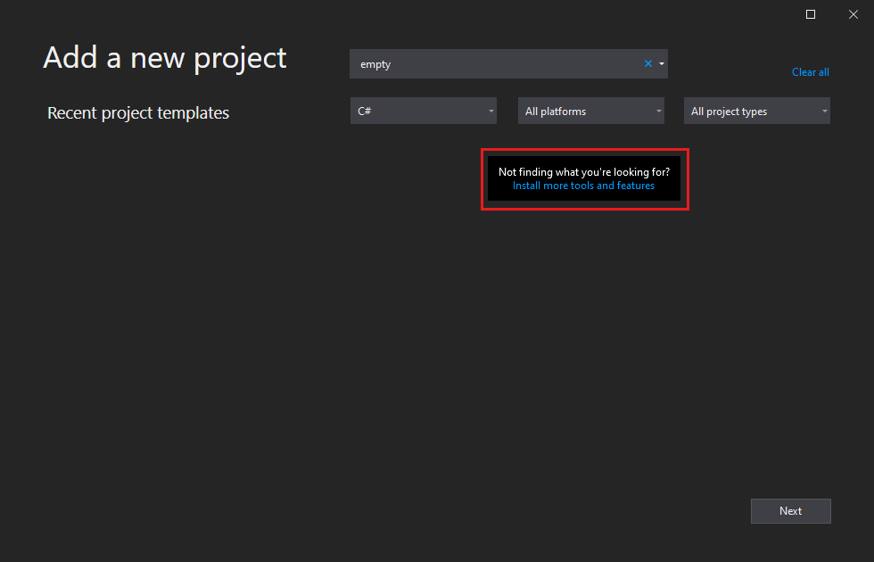 Visual Studio インストーラーを開くリンクを示すスクリーンショット。