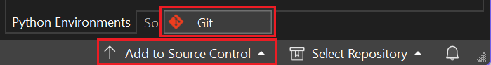 Visual Studio の [ソース管理に追加] から Git ソース管理アクションにアクセスする方法を示すスクリーンショット。