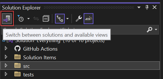 ソリューション エクスプローラーで開いている Git の C# プロジェクトのスクリーンショット