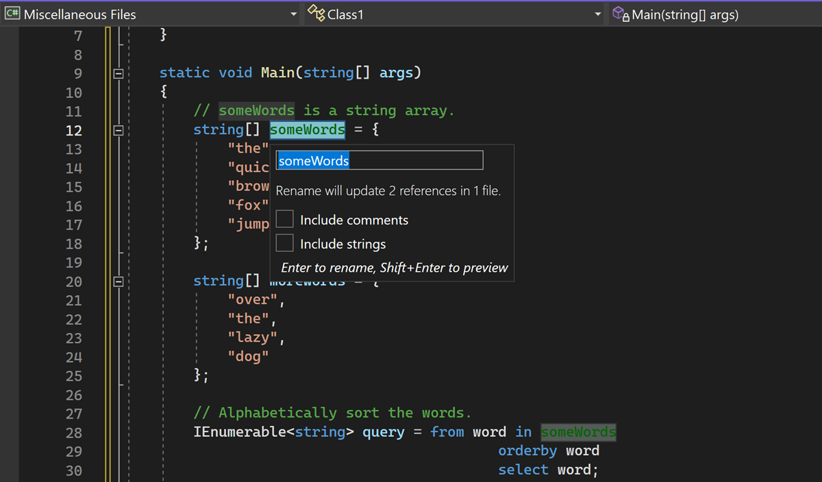 Visual Studio 2022 のエディター内の [名前の変更] ポップアップ ボックスのスクリーンショット。