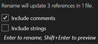 Visual Studio 2022 の [名前の変更] ポップアップ ボックスのスクリーンショット。
