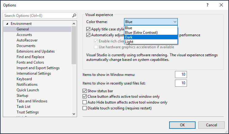 Visual Studio で色のテーマを濃色に変更する方法を示すスクリーンショット。