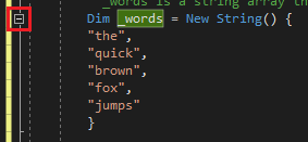 Visual Studio Code エディターのスクリーンショット。コードのセクションのアウトラインを折りたたむボタンが赤で強調表示されています。