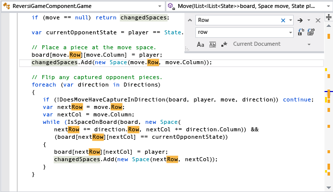 文字列を検索した後の Visual Studio のスクロール バー