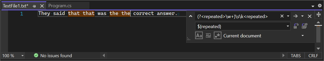 Visual Studio の名前付きキャプチャ グループを示すクイック置換機能のスクリーンショット。