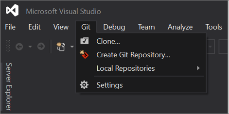 Visual Studio 2019 バージョン 16.8 以降の Git メニューのスクリーンショット。