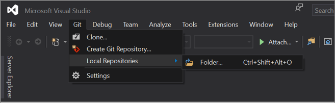 Visual Studio 2019 バージョン 16.8 以降の Git メニューのスクリーンショット。[ローカル リポジトリ] オプションが展開されています。
