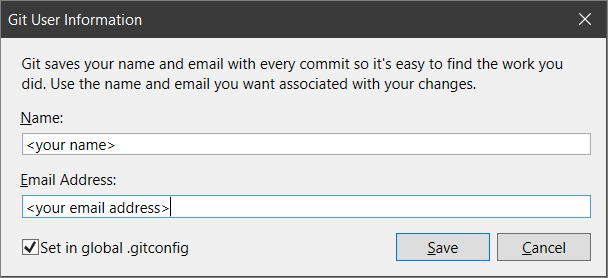 Visual Studio 2019 バージョン 16.8 以降でアカウント情報を編集する [Git ユーザー情報] ダイアログのスクリーンショット。