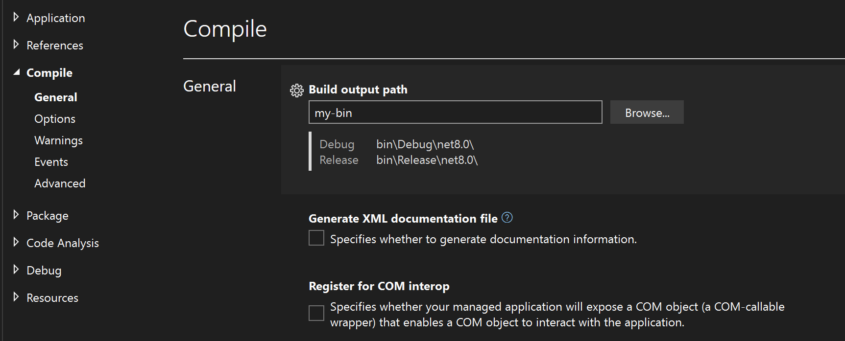 .NET Core Visual Basic プロジェクトの出力パス プロパティを示すスクリーンショット。