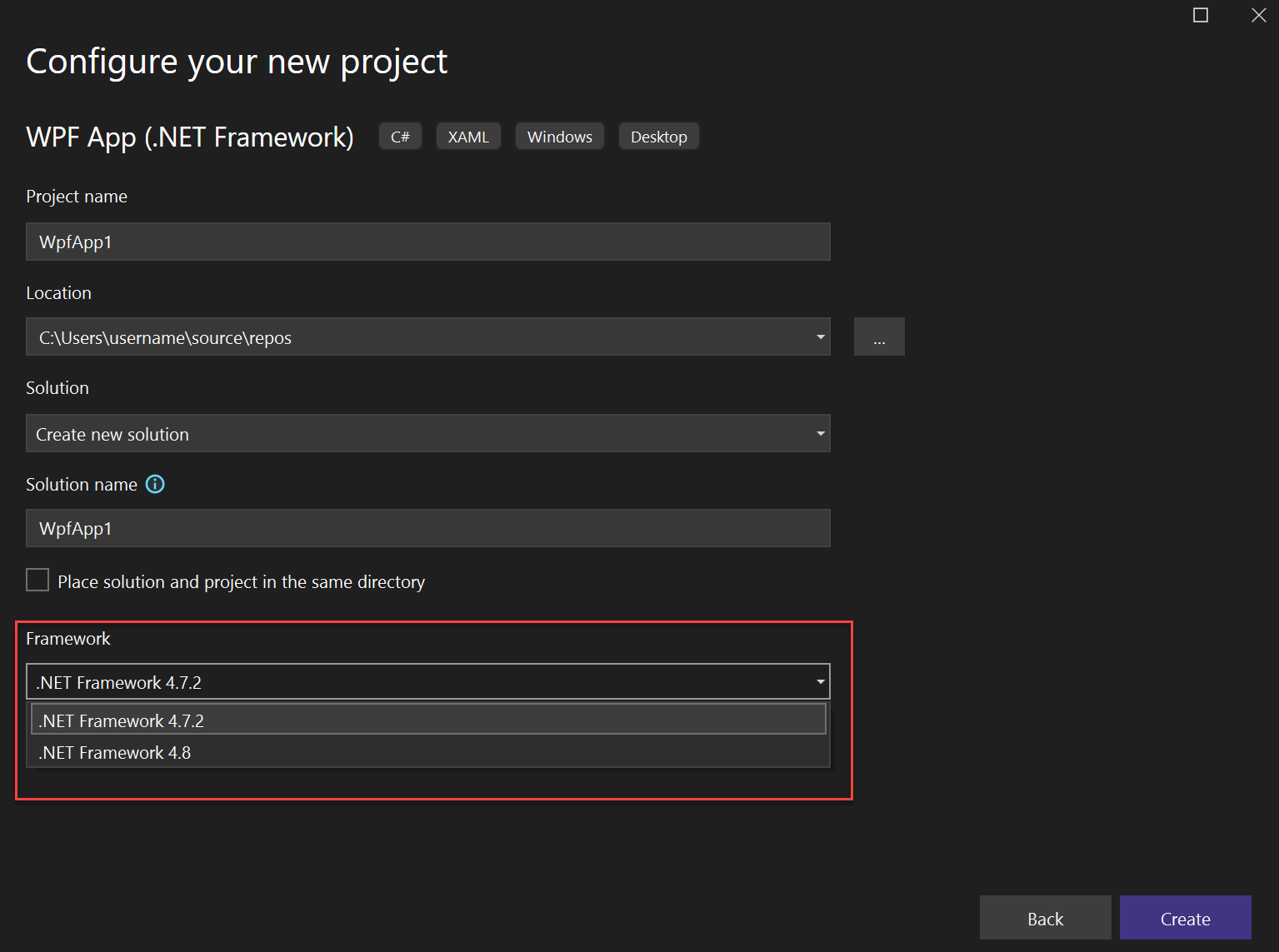 Visual Studio 2022 の [フレームワーク] ドロップダウン リストのスクリーンショット。