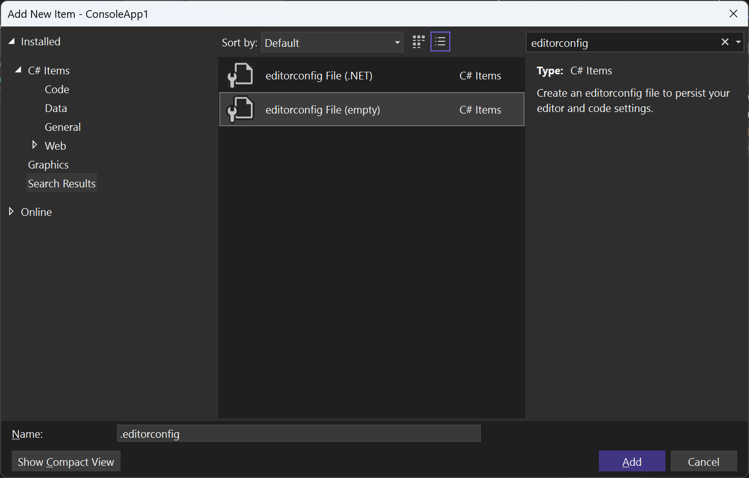 Visual Studio の EditorConfig ファイル項目テンプレートを示すスクリーンショット。