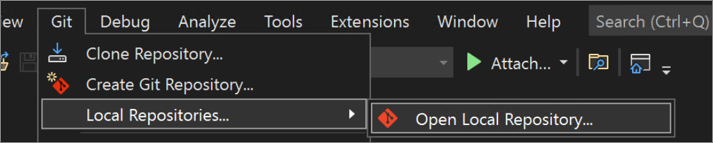 Visual Studio 2022 の Git メニューのスクリーンショット。[ローカル リポジトリ] と [ローカル リポジトリを開く] が表示されています。