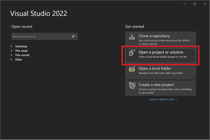Visual Studio 2022 の [プロジェクトまたはソリューションを開く] ウィンドウのスクリーンショット。