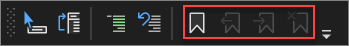 Visual Studio 2022 のテキスト エディター ツール バーのブックマーク コマンドとアイコンのスクリーンショット。